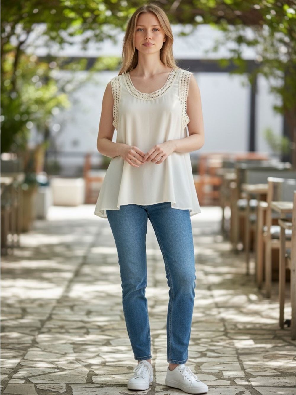 CAbi Cream Crochet-Trim Sleeveless Tank